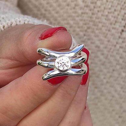 Proposal Ring: Engagement Ring Silver, Asymmetric multiple band Solitaire