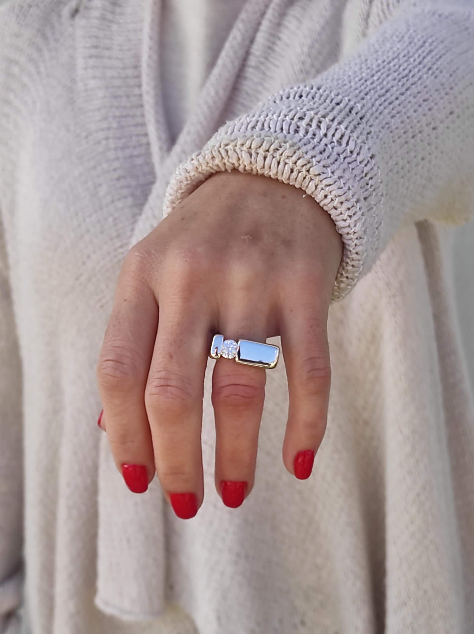 Moissanite Engagement Ring: Tension Set, Square Band, Silver Ag950