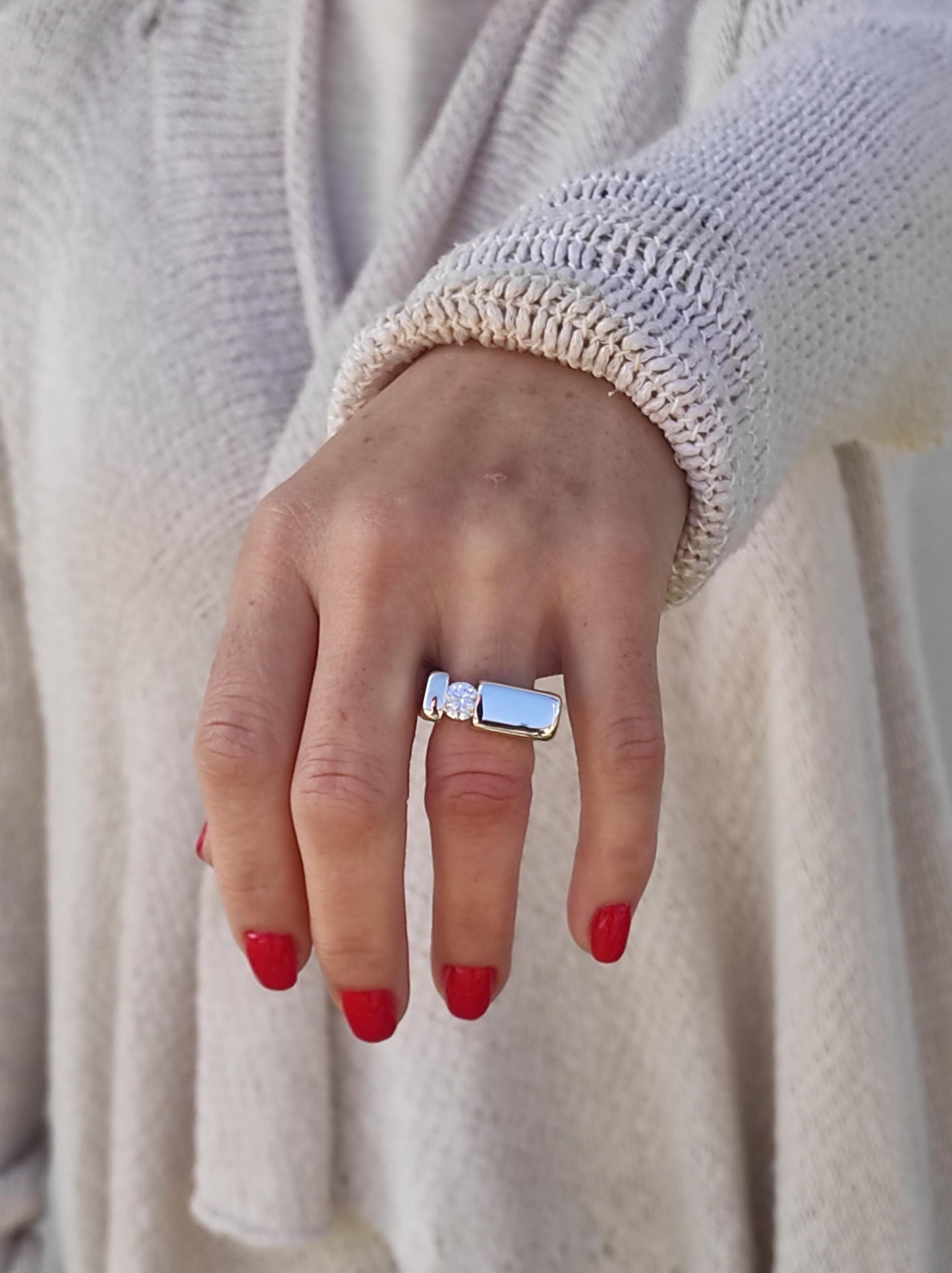 Diamond Engagement Ring: MoissaniteTension Set, Square Band, Silver Ag950