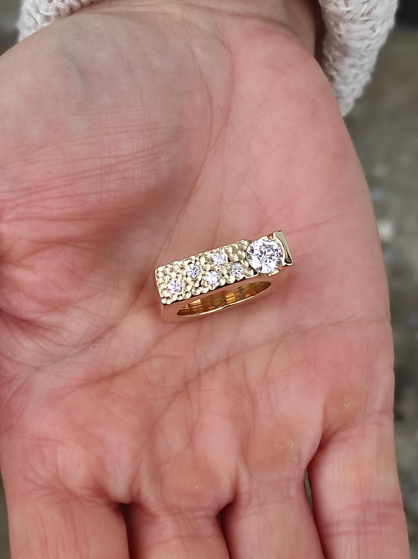 Moissanite Statement Ring: Gold Plated Square Band, Tension Setting