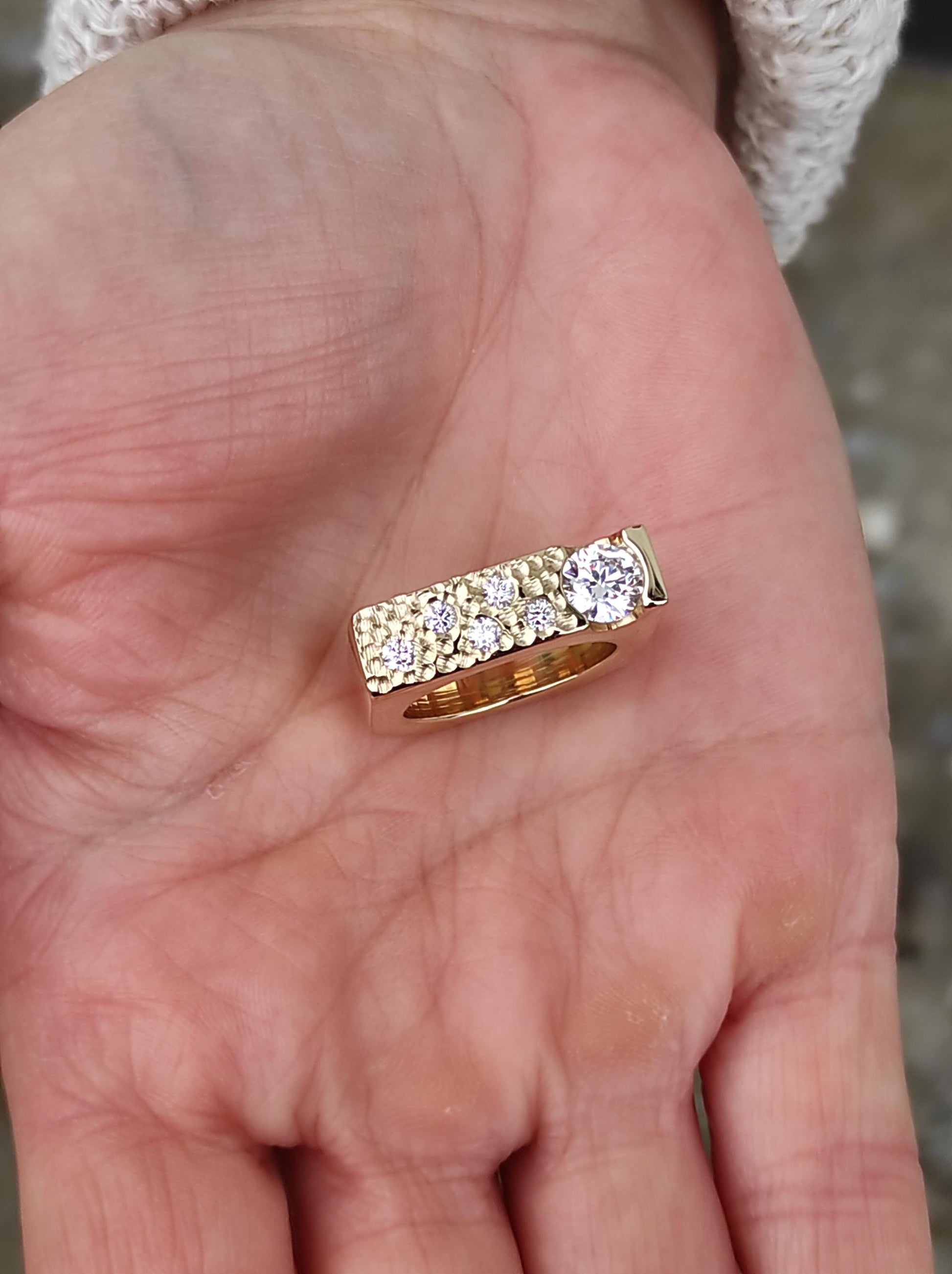 Moissanite Statement Ring: Gold Plated Square Band, Tension Setting
