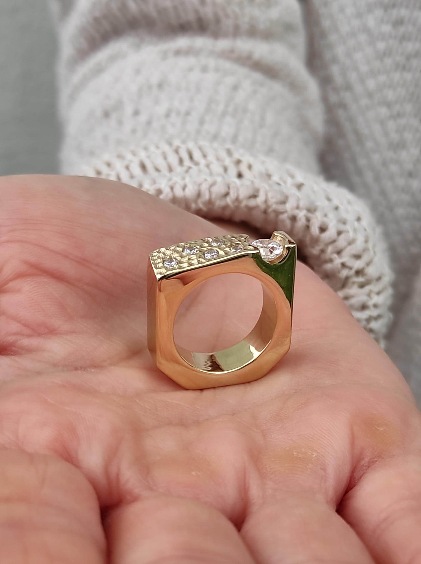 Moissanite Statement Ring: Gold Plated Square Band, Tension Setting