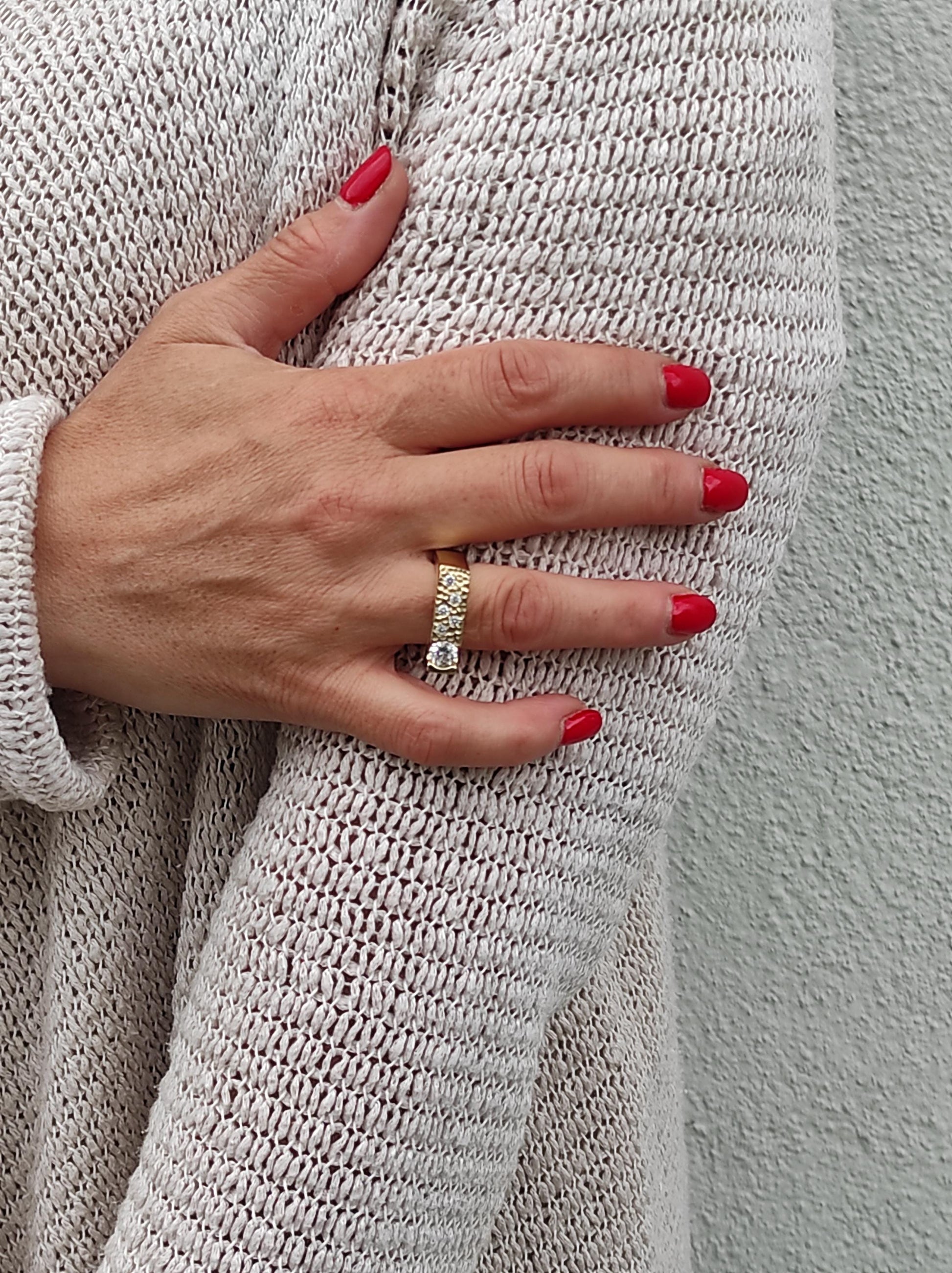Moissanite Statement Ring: Gold Plated Square Band, Tension Setting