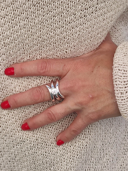 Proposal Ring: Engagement Ring Silver, Asymmetric multiple band Solitaire