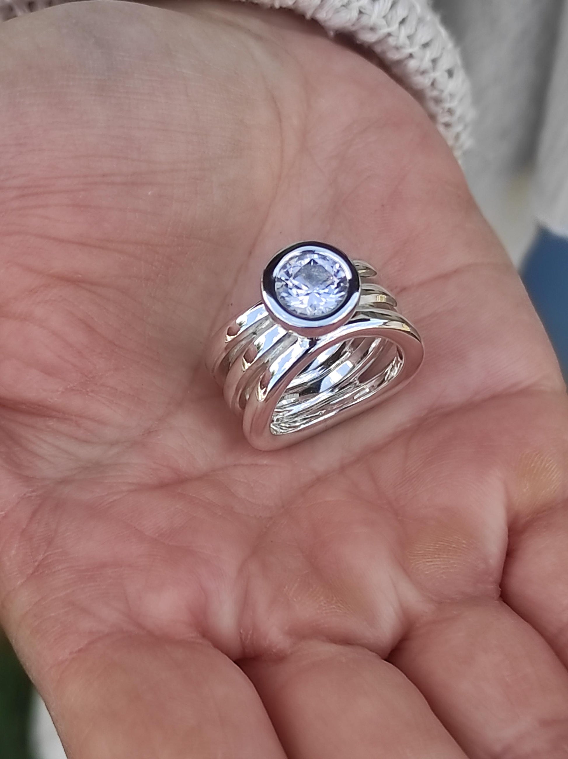 Engagement Ring: Proposal Ring With Moissanite, AG950 Silver Triple Band