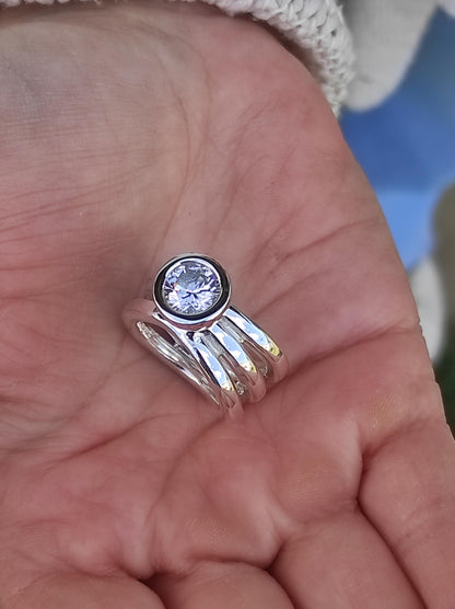 Engagement Ring: Proposal Ring With Moissanite, AG950 Silver Triple Band