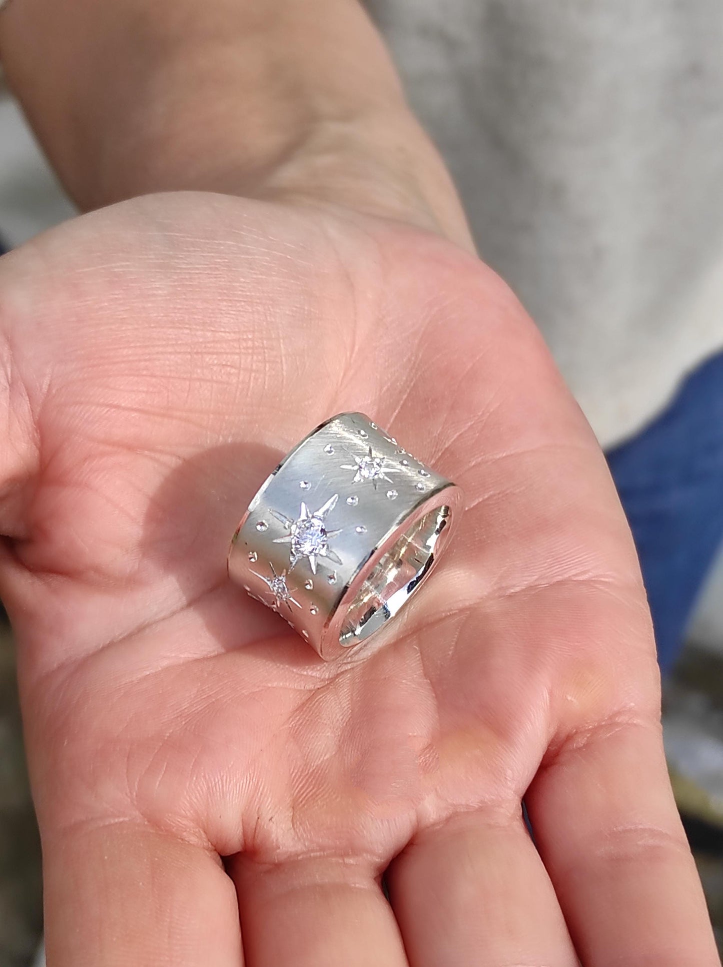 Star Ring: Stardust Band Ring, Chunky Wedding Band, Handmade Silver AG 950
