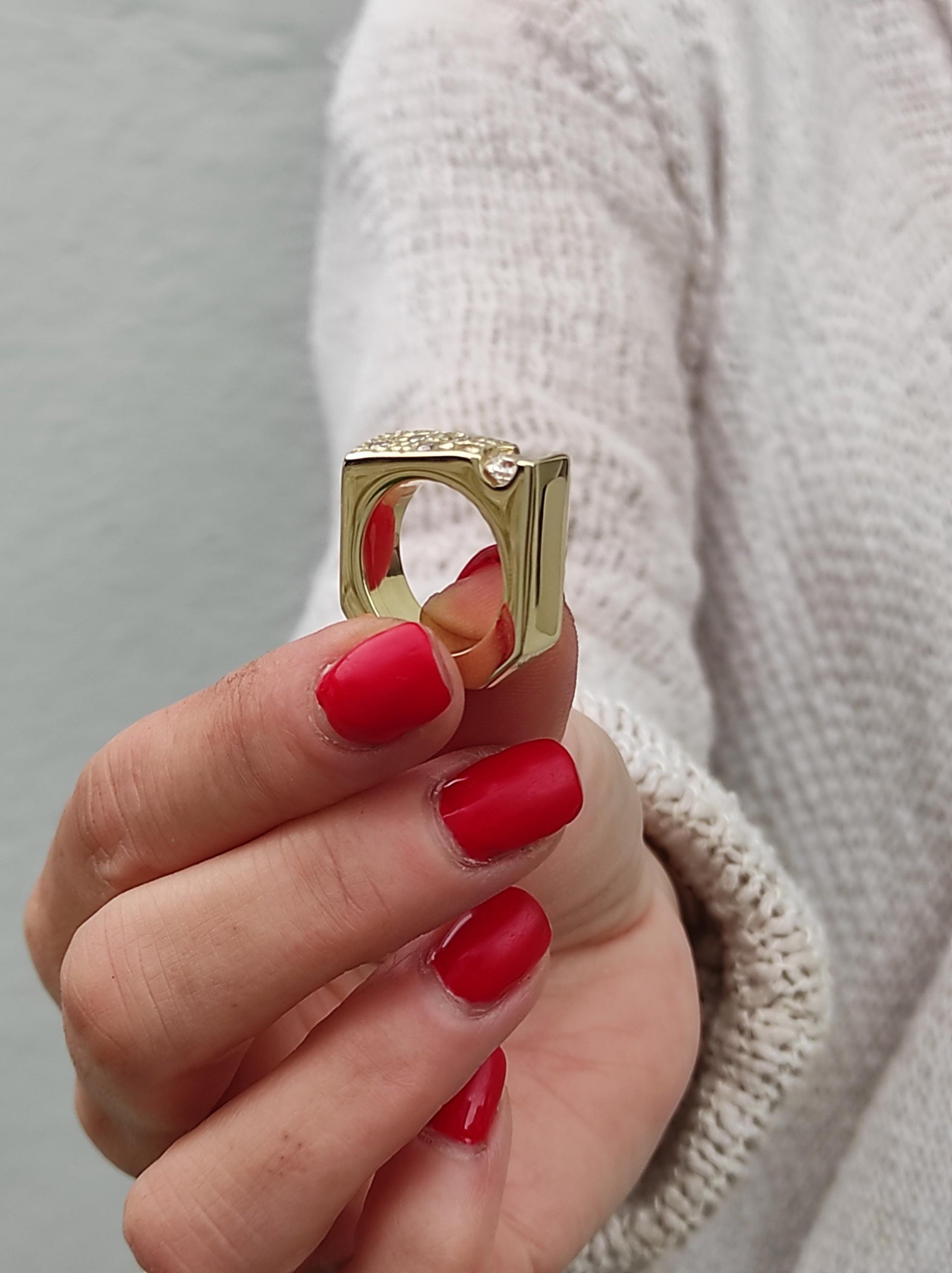 Moissanite Statement Ring: Gold Plated Square Band, Tension Setting