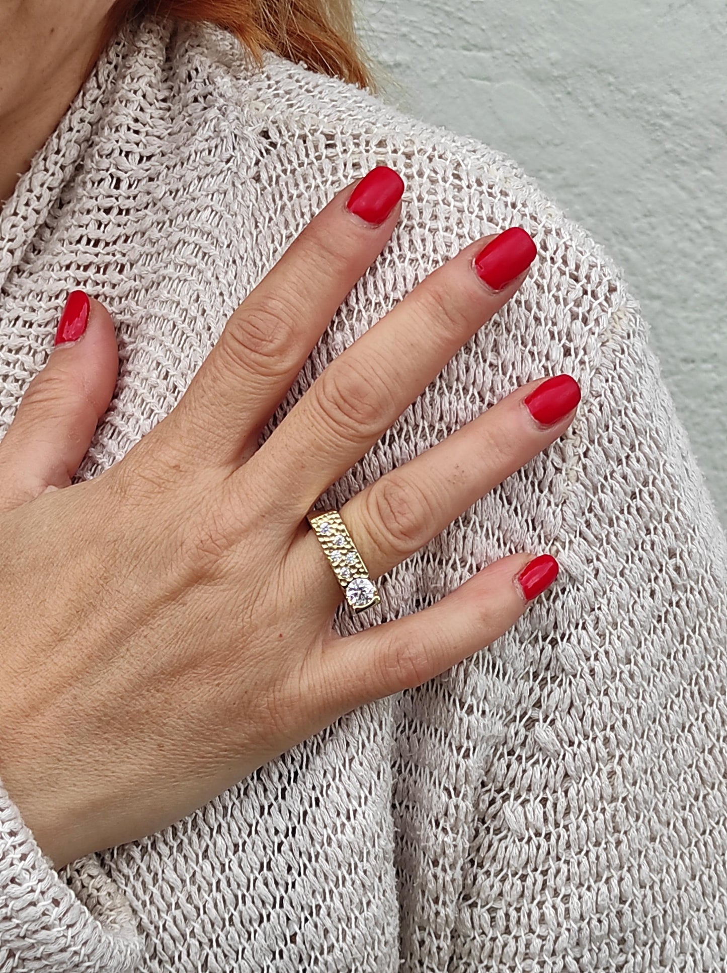 Moissanite Statement Ring: Gold Plated Square Band, Tension Setting