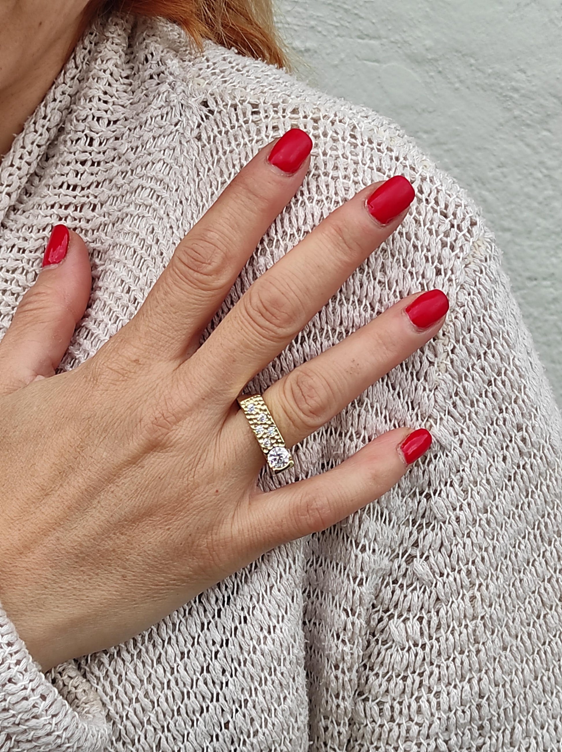 Moissanite Statement Ring: Gold Plated Square Band, Tension Setting