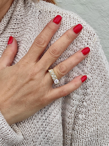 Moissanite Statement Ring: Gold Plated Square Band, Tension Setting