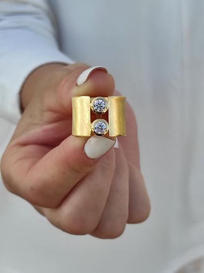 Wide Band Ag950 Silver Ring: Gold Plated Two Stone Statement Ring