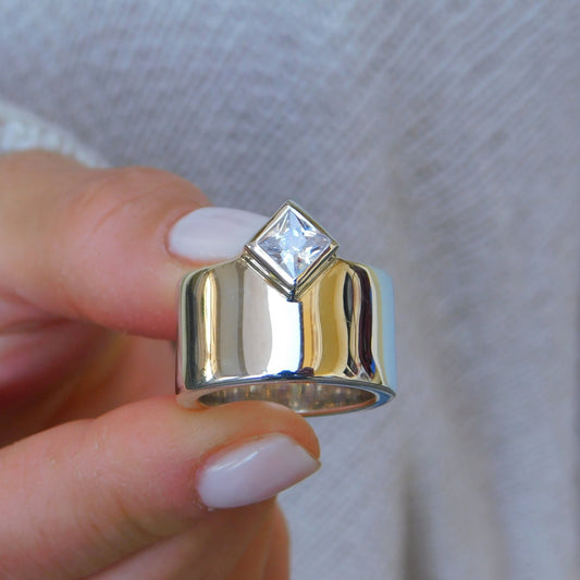 Princess Cut Moissanite Ring, Wide 950 Silver Wedding Band