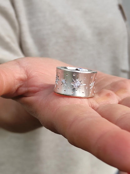 Star Ring: Stardust Band Ring, Chunky Wedding Band, Handmade Silver AG 950