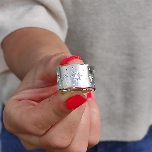 Star Ring: Stardust Band Ring, Chunky Wedding Band, Handmade Silver AG 950