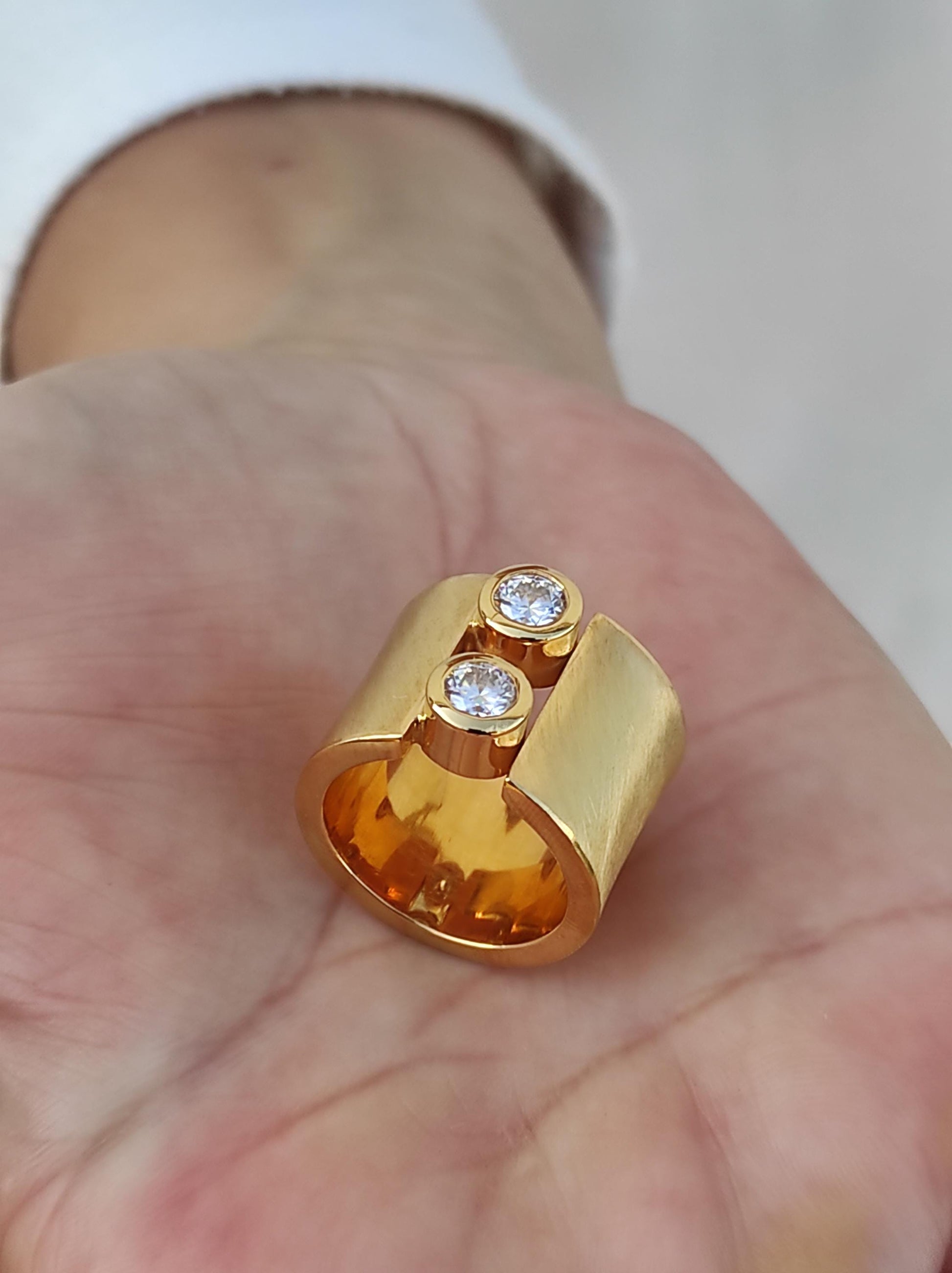 Wide Band Ag950 Silver Ring: Gold Plated Two Stone Statement Ring