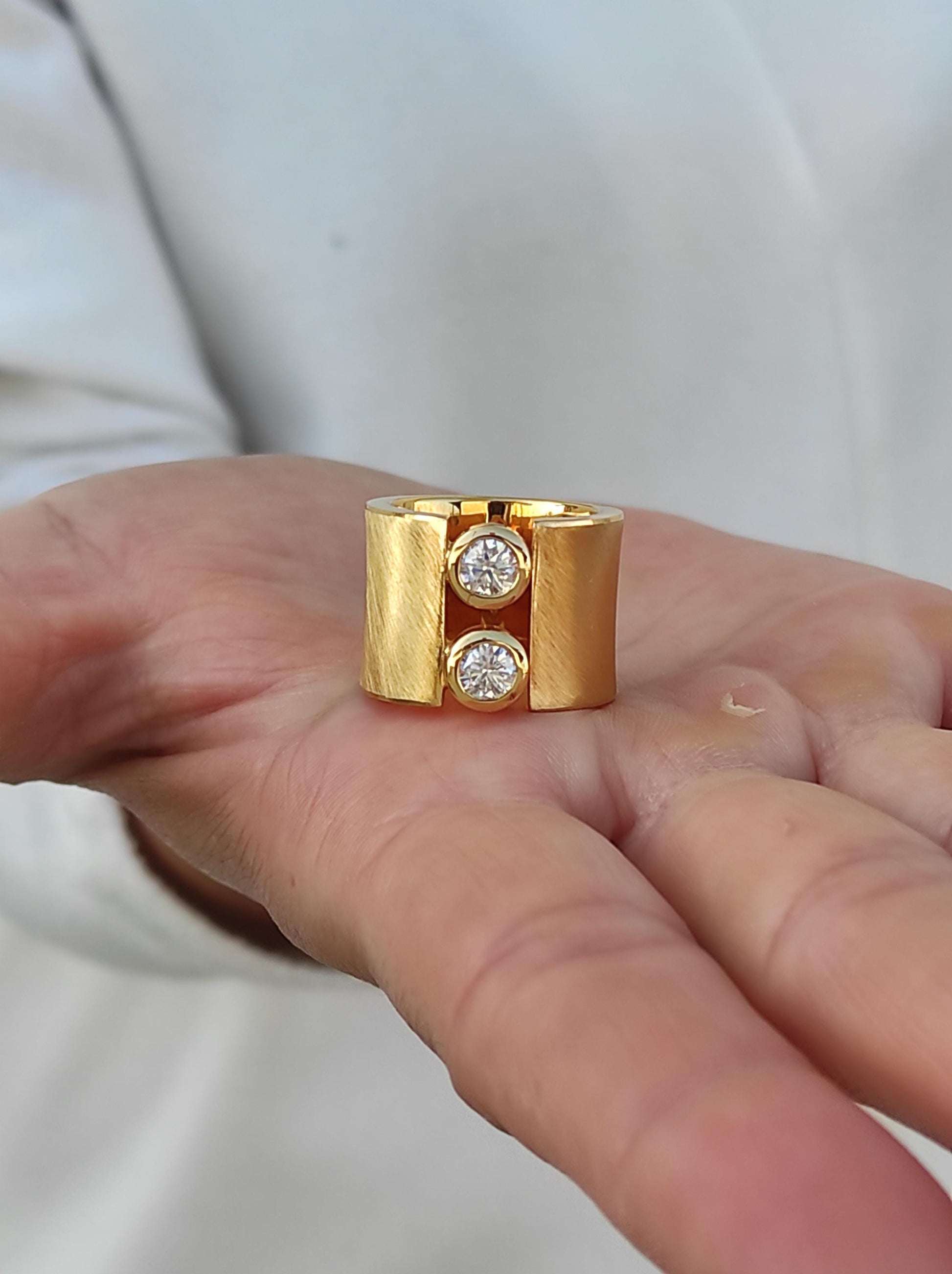 Wide Band Ag950 Silver Ring: Gold Plated Two Stone Statement Ring