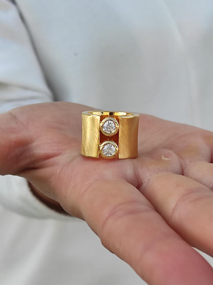 Wide Band Ag950 Silver Ring: Gold Plated Two Stone Statement Ring