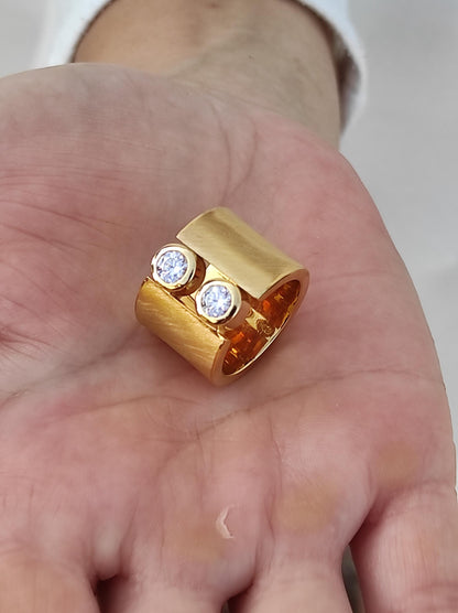 Wide Band Ag950 Silver Ring: Gold Plated Two Stone Statement Ring