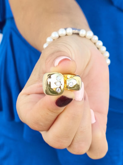 Wide Band Statement Ring: Gold Plated Wedding Ring, Cubic Zirconia