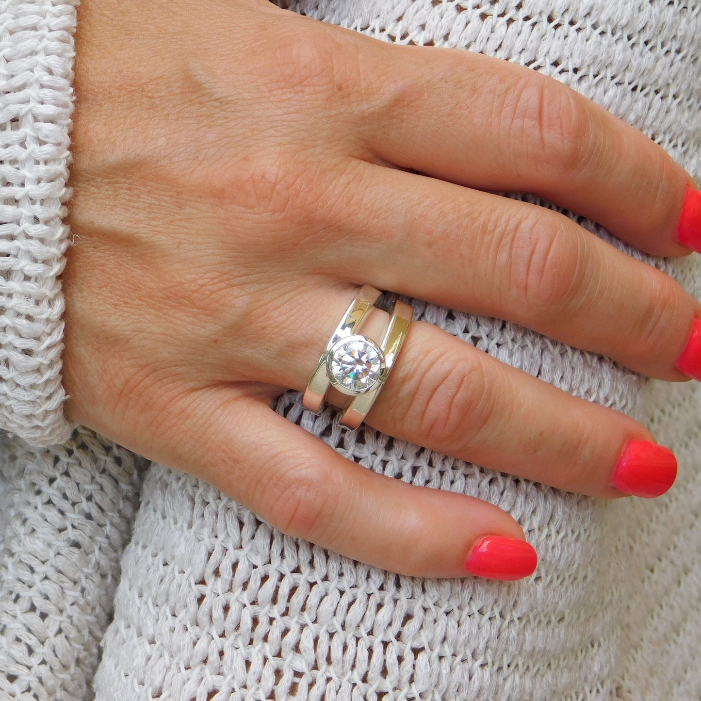 Promise Ring: Big Moissanite Ring, AG950 Silver Bezel Solitaire