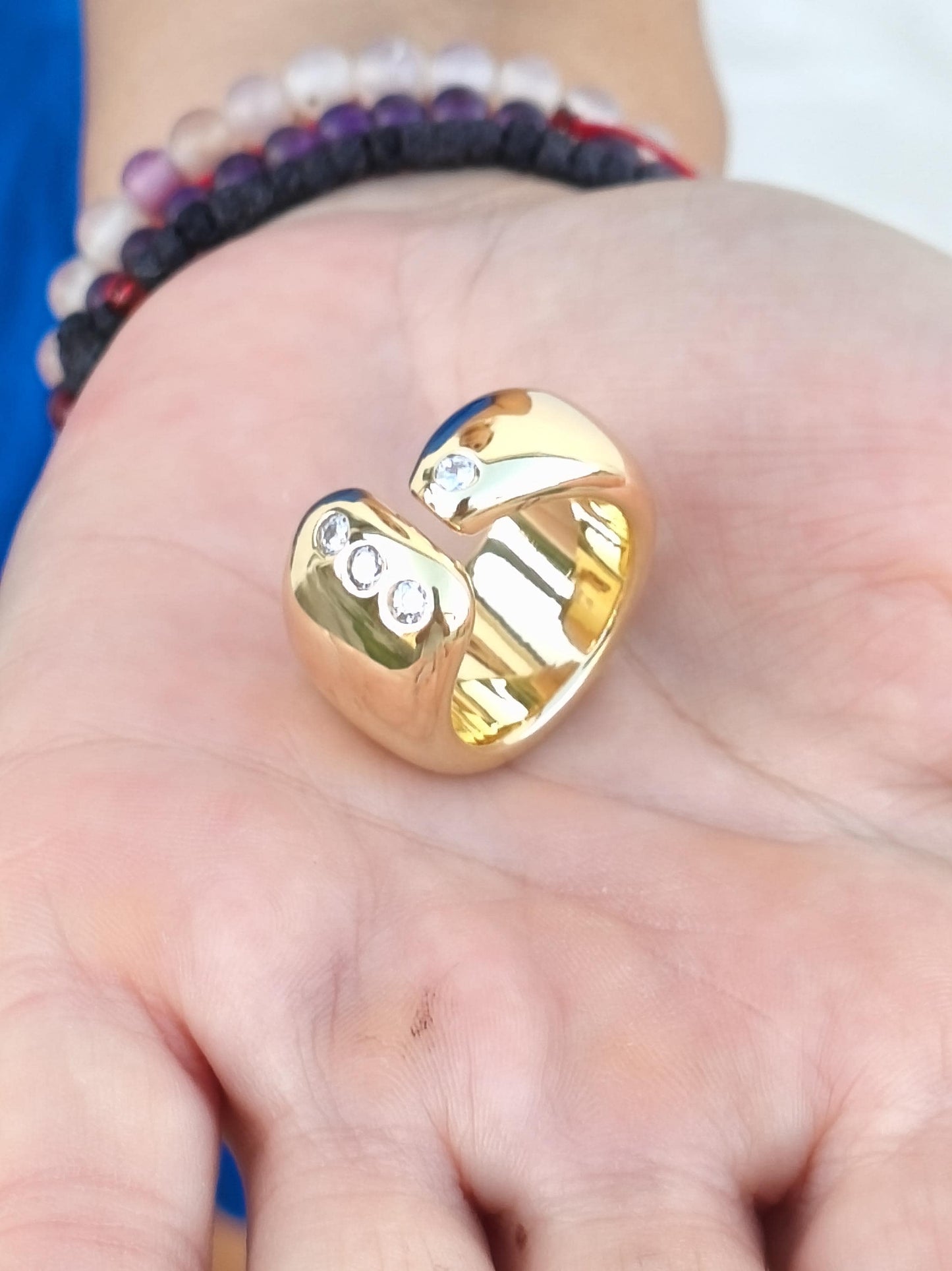 Wide Band Statement Ring: Gold Plated Wedding Ring, Cubic Zirconia