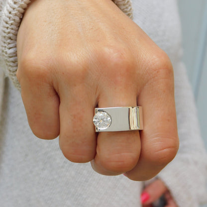 Statement Ring: Moissanite Solitaire Ring, Ag950 Silver Offset Design