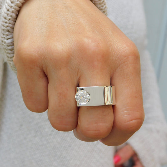Statement Ring: Moissanite Solitaire Ring, Ag950 Silver Offset Design