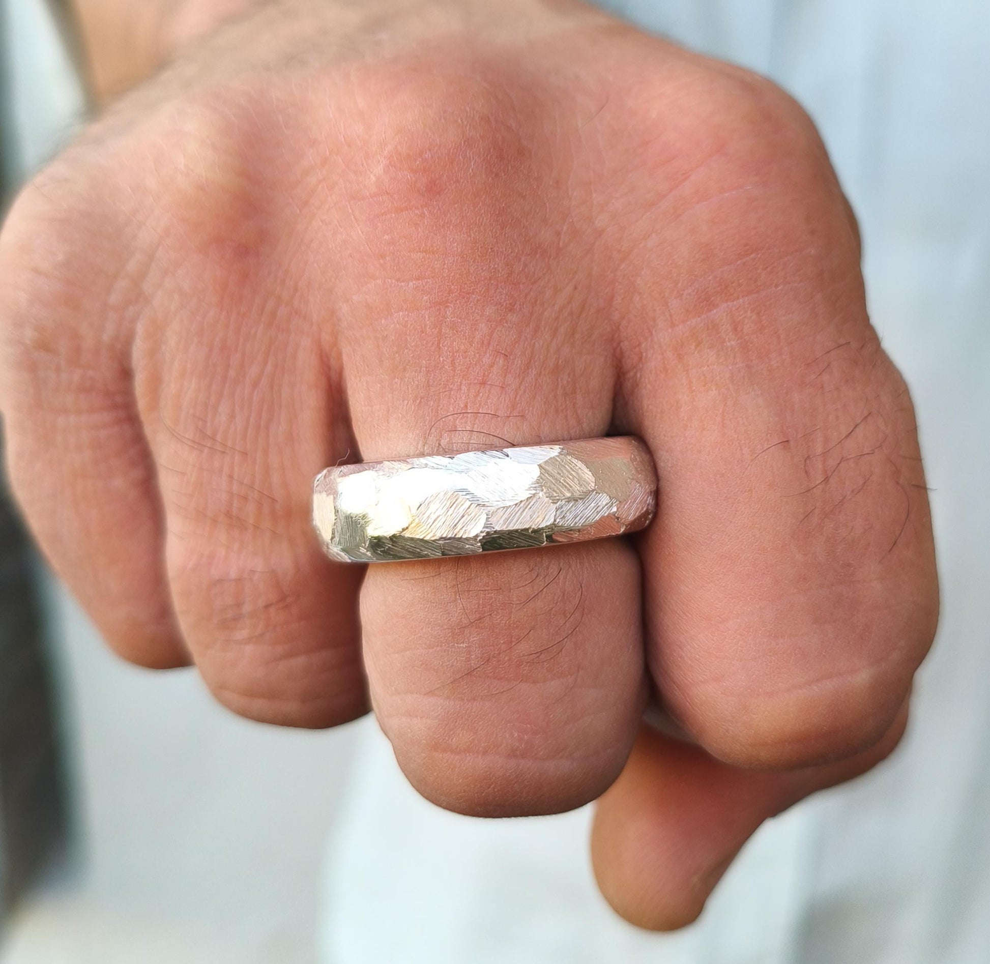 Hammered Band Ring: 8mm Wide Band, Gold Alternative, Fine Jewelry Designs, Silver AG 950