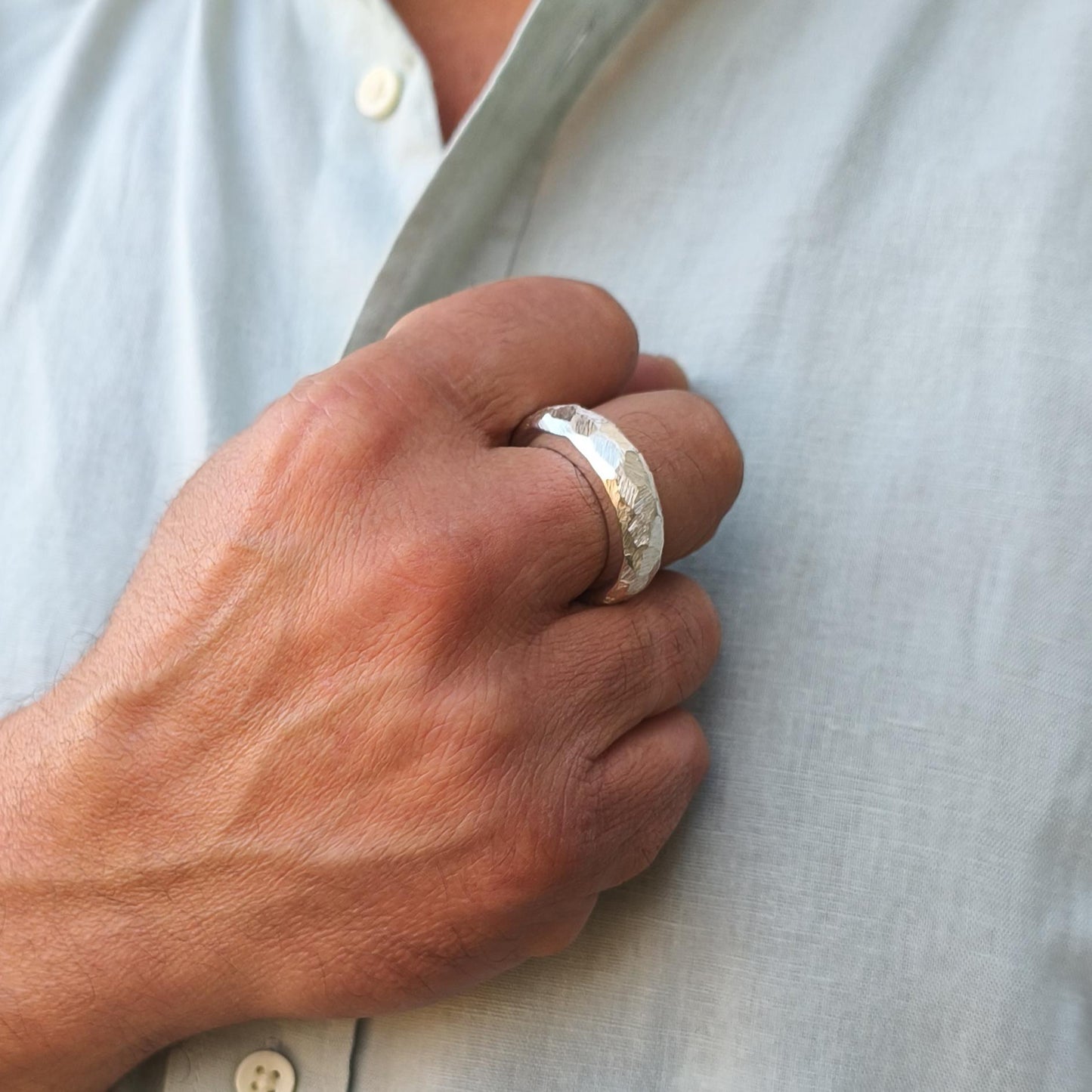 Hammered Band Ring: 8mm Wide Band, Gold Alternative, Fine Jewelry Designs, Silver AG 950