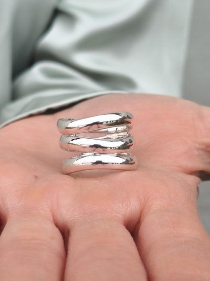 Asymmetrical Ring: Wide Triple Band, Silver AG 950