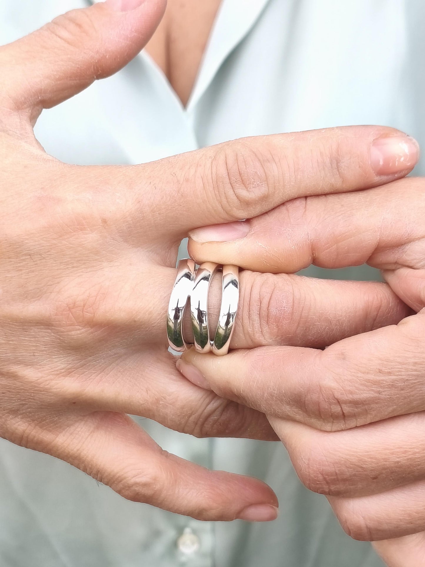 Asymmetrical Ring: Wide Triple Band, Silver AG 950