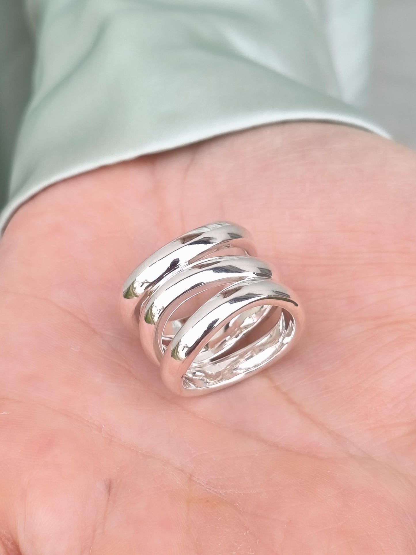 Asymmetrical Ring: Wide Triple Band, Silver AG 950