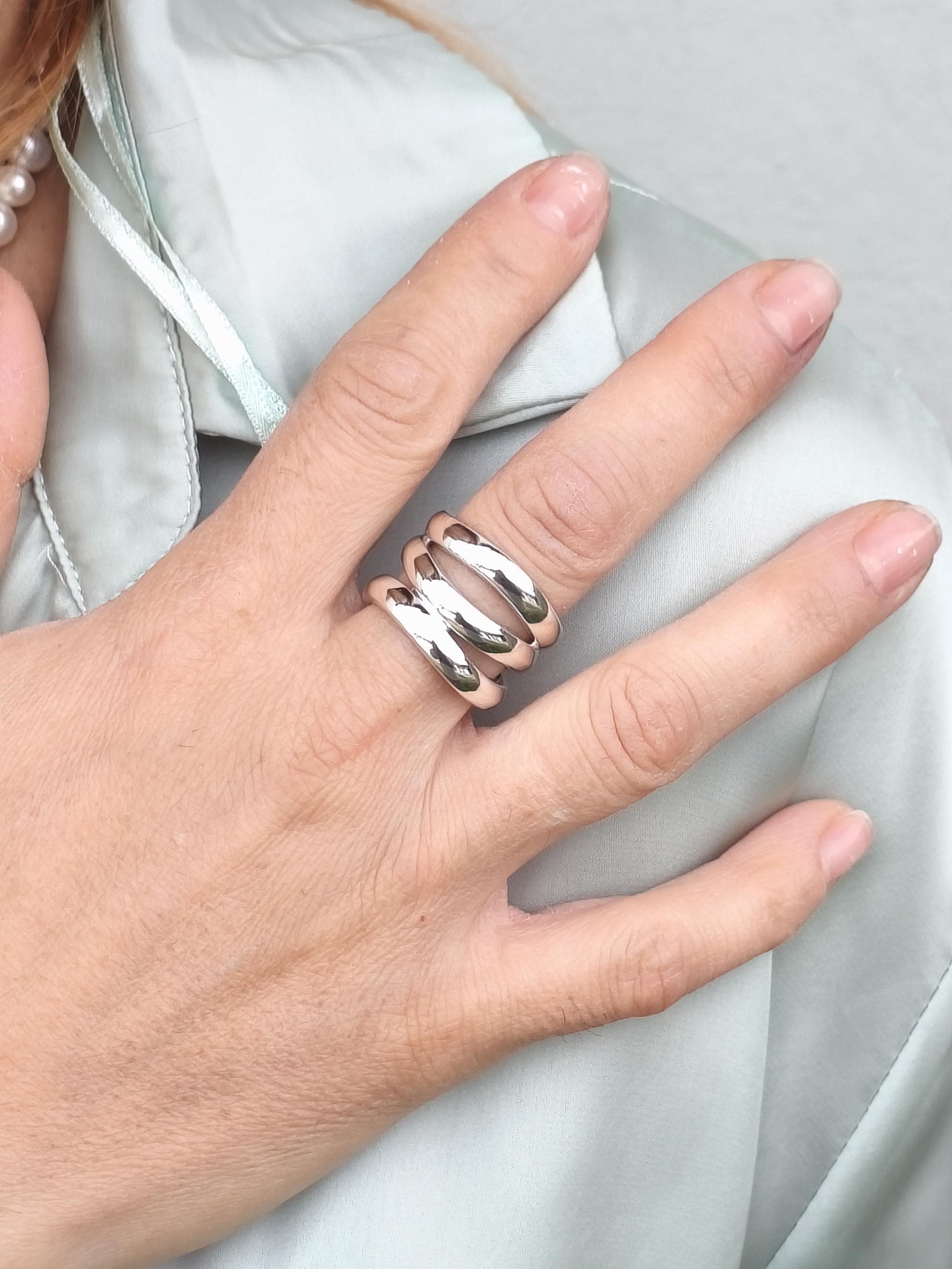 Asymmetrical Ring: Wide Triple Band, Silver AG 950