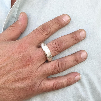 Hammered Band Ring: 8mm Wide Band, Gold Alternative, Fine Jewelry Designs, Silver AG 950
