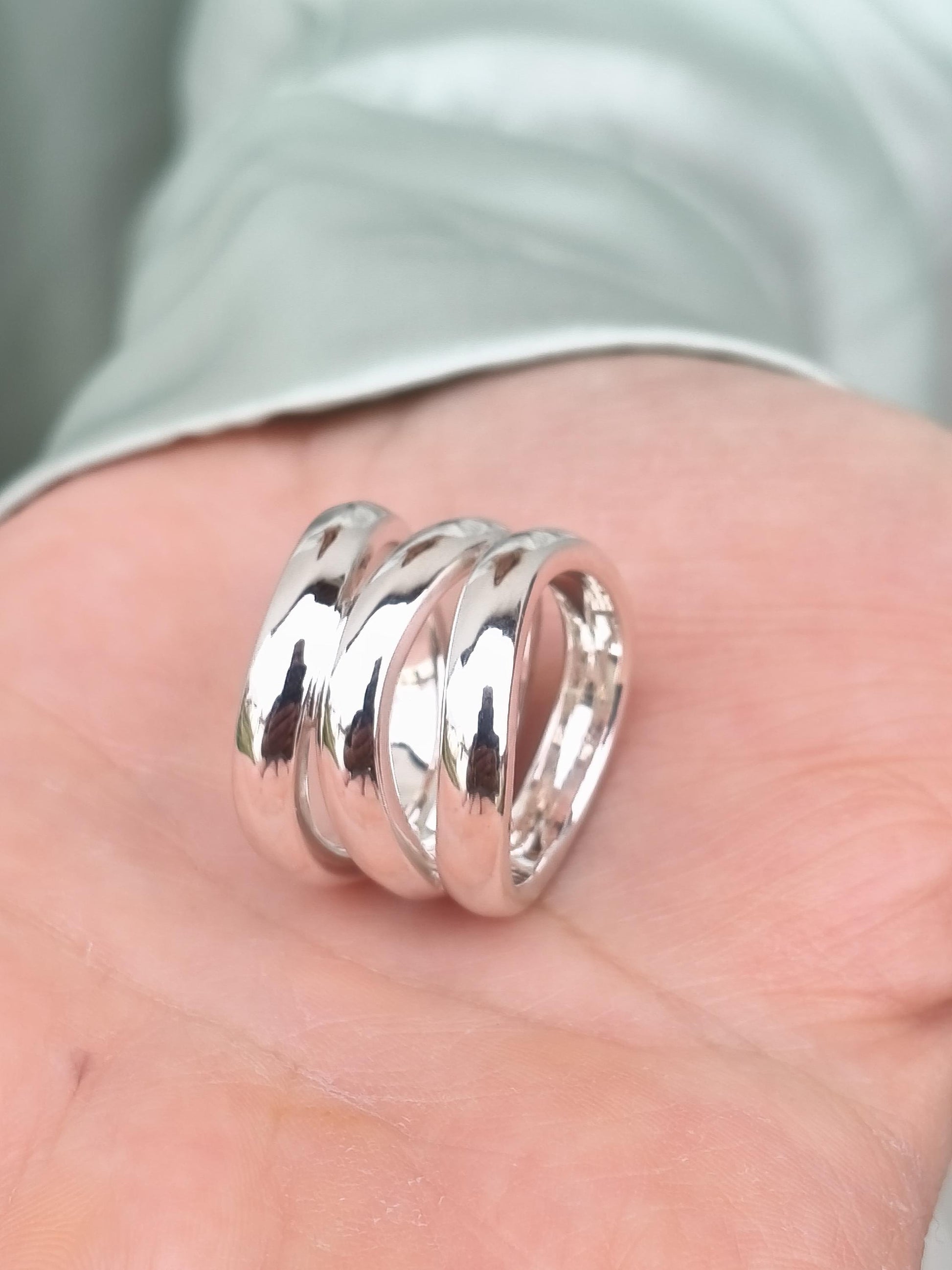 Asymmetrical Ring: Wide Triple Band, Silver AG 950