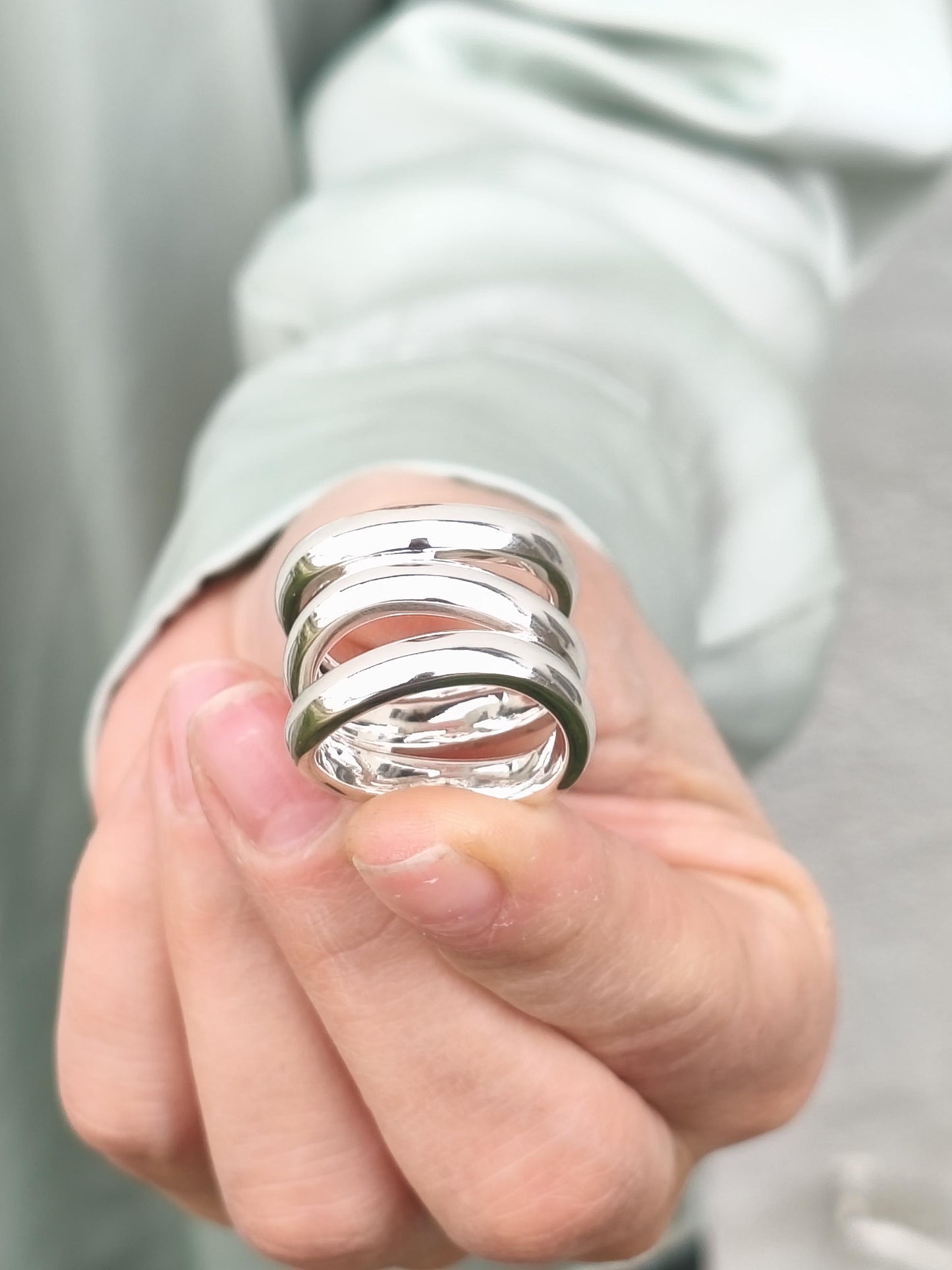 Asymmetrical Ring: Wide Triple Band, Silver AG 950