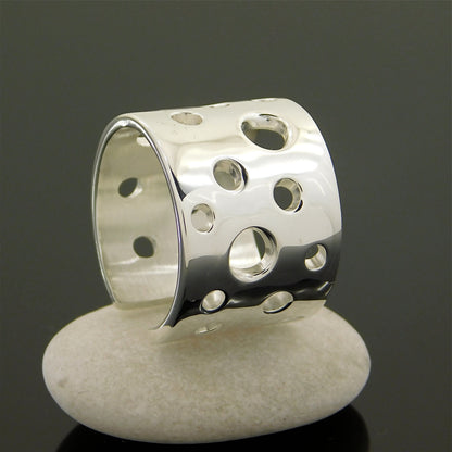 Swiss Cheese Ag950 Silver Ring, Wide Band, Minimalist Design
