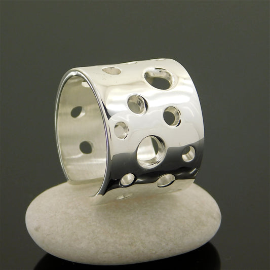 Swiss Cheese Ag950 Silver Ring, Wide Band, Minimalist Design