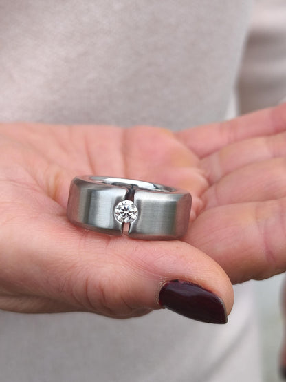 Chunky Wedding Band: Tension Set Moissanite Ring, Stainless Steel