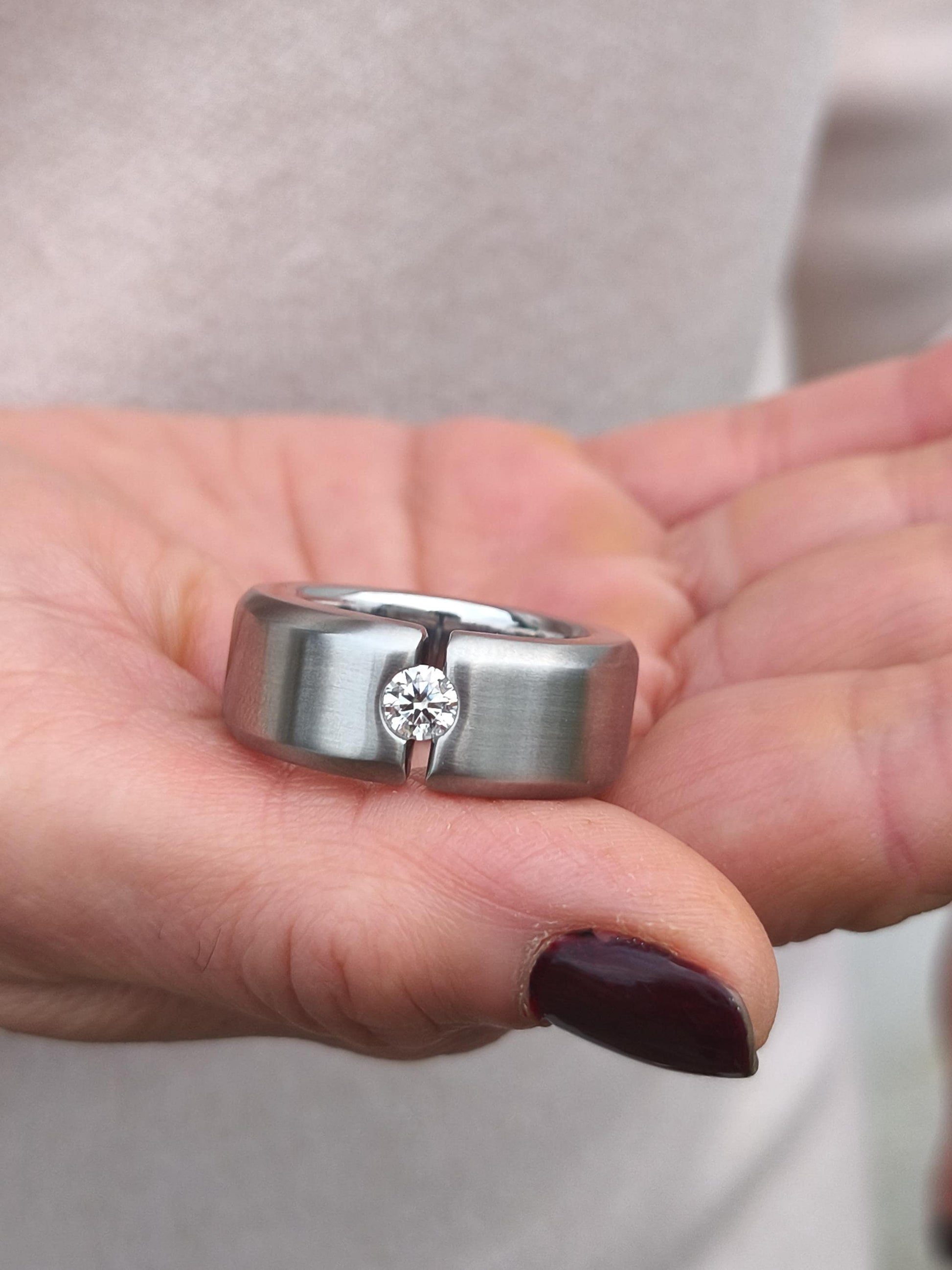Chunky Wedding Band: Tension Set Moissanite Ring, Stainless Steel
