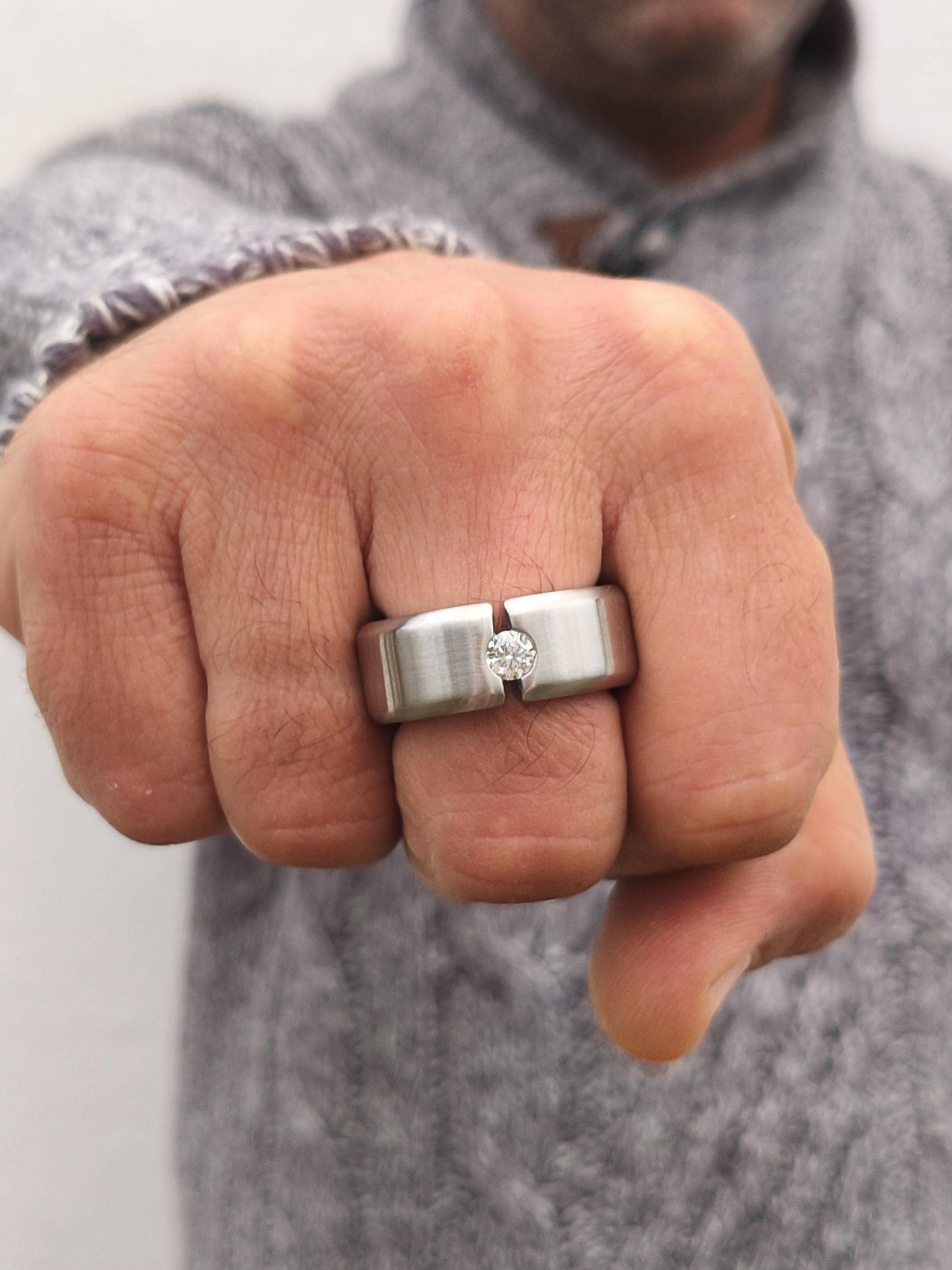 Chunky Wedding Band: Tension Set Moissanite Ring, Stainless Steel