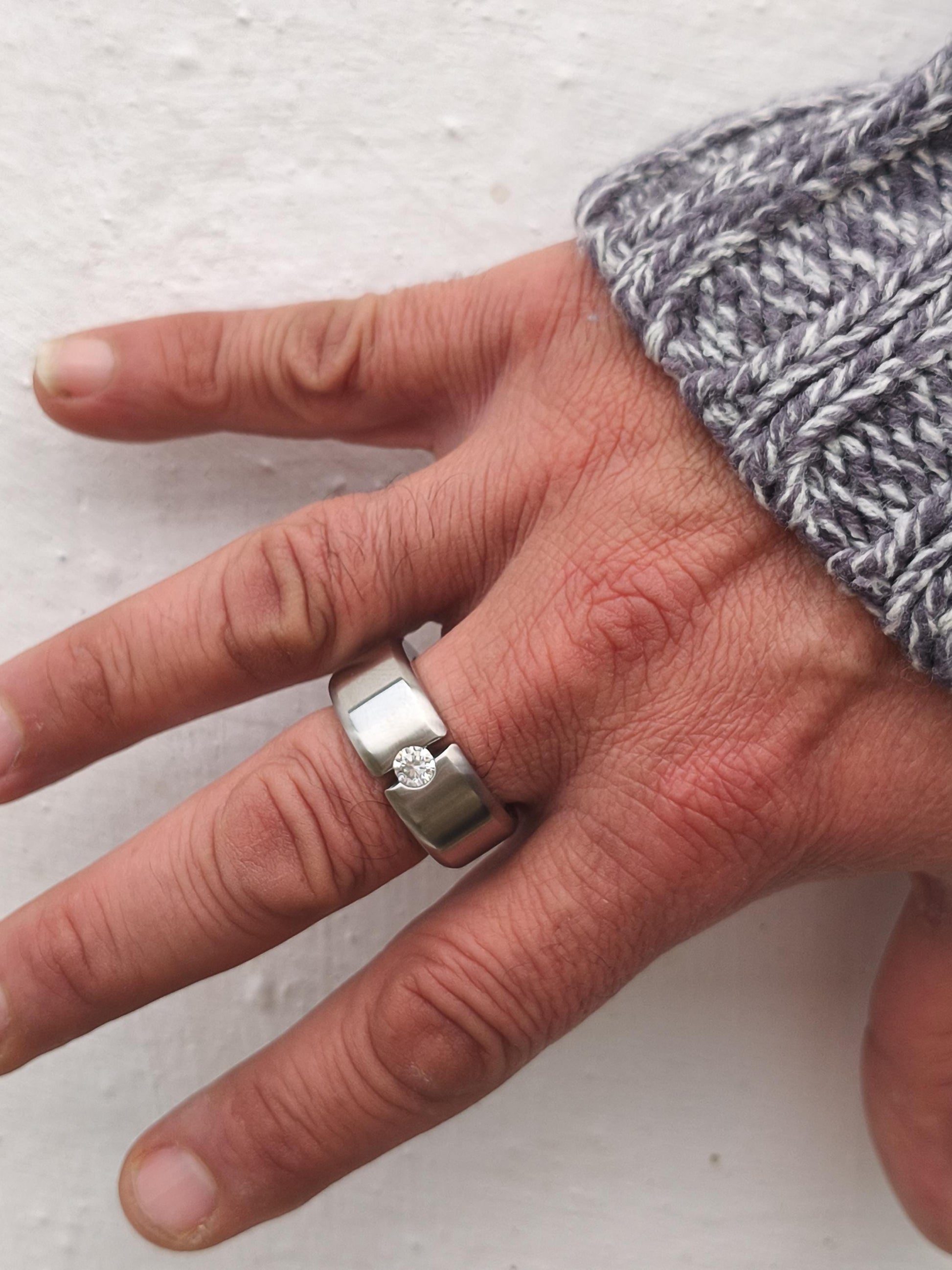 Chunky Wedding Band: Tension Set Moissanite Ring, Stainless Steel
