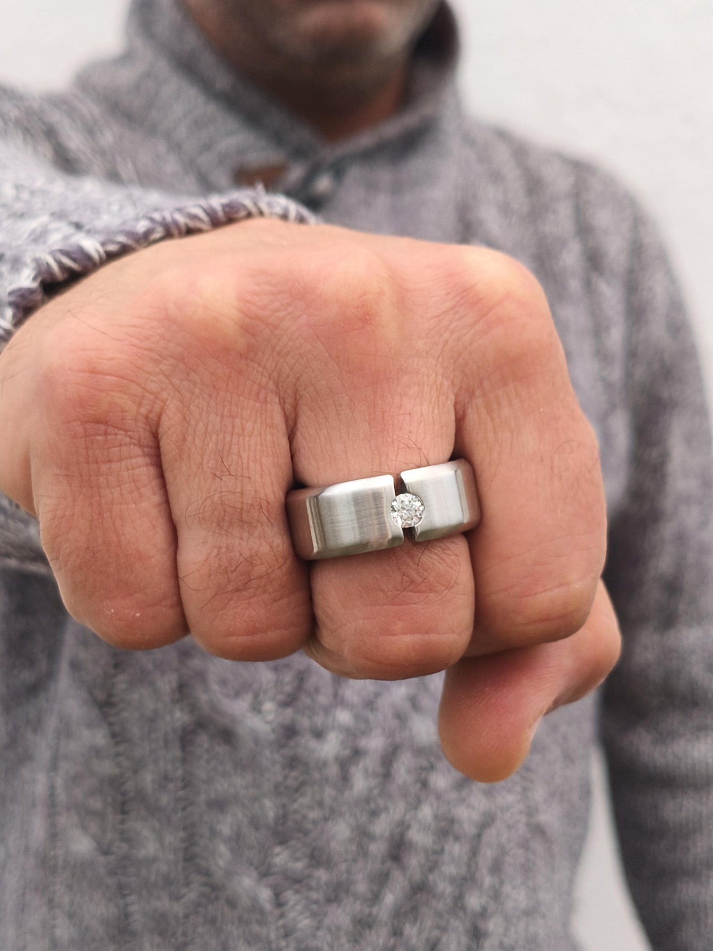Chunky Wedding Band: Tension Set Moissanite Ring, Stainless Steel