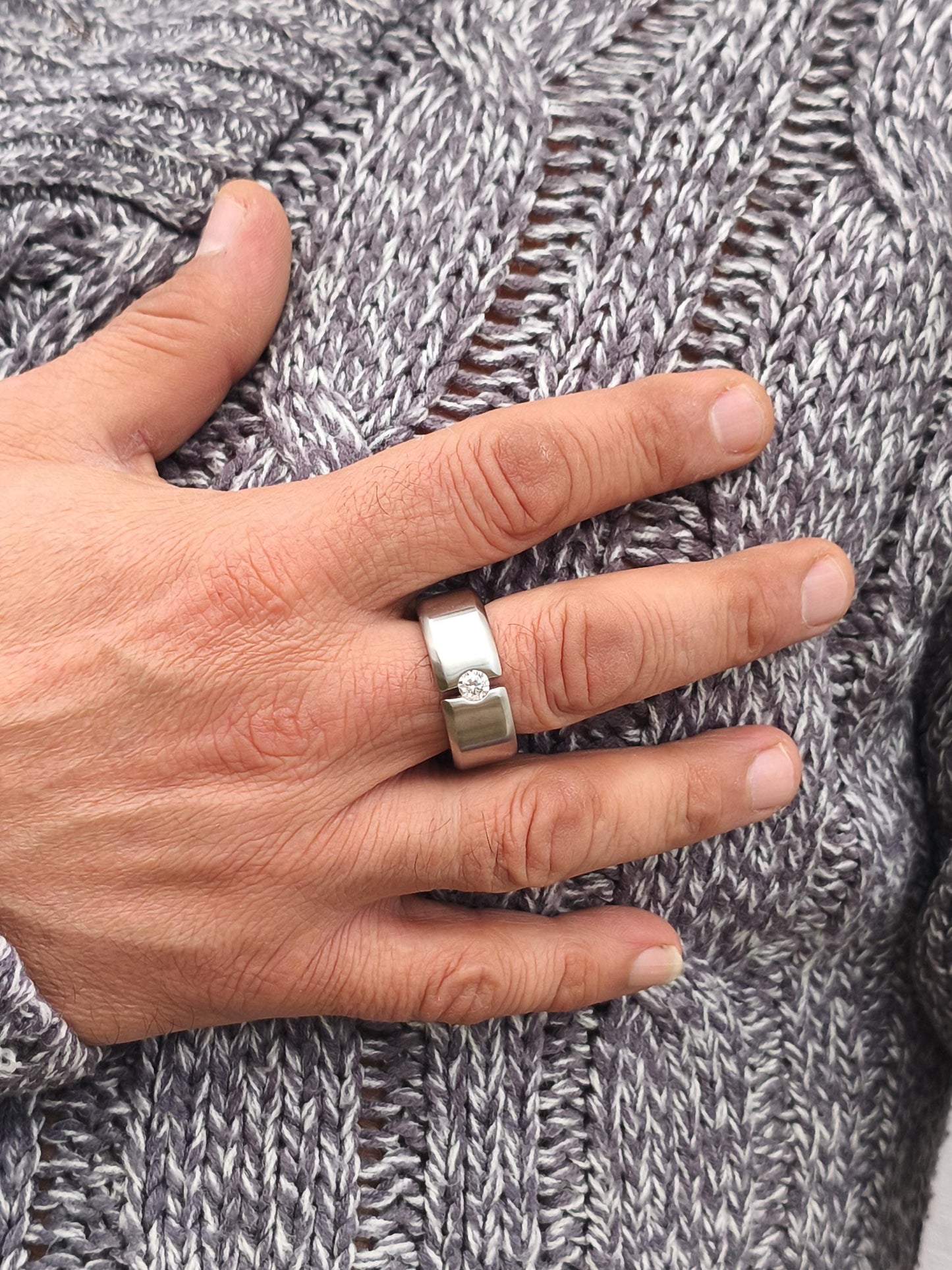 Chunky Wedding Band: Tension Set Moissanite Ring, Stainless Steel