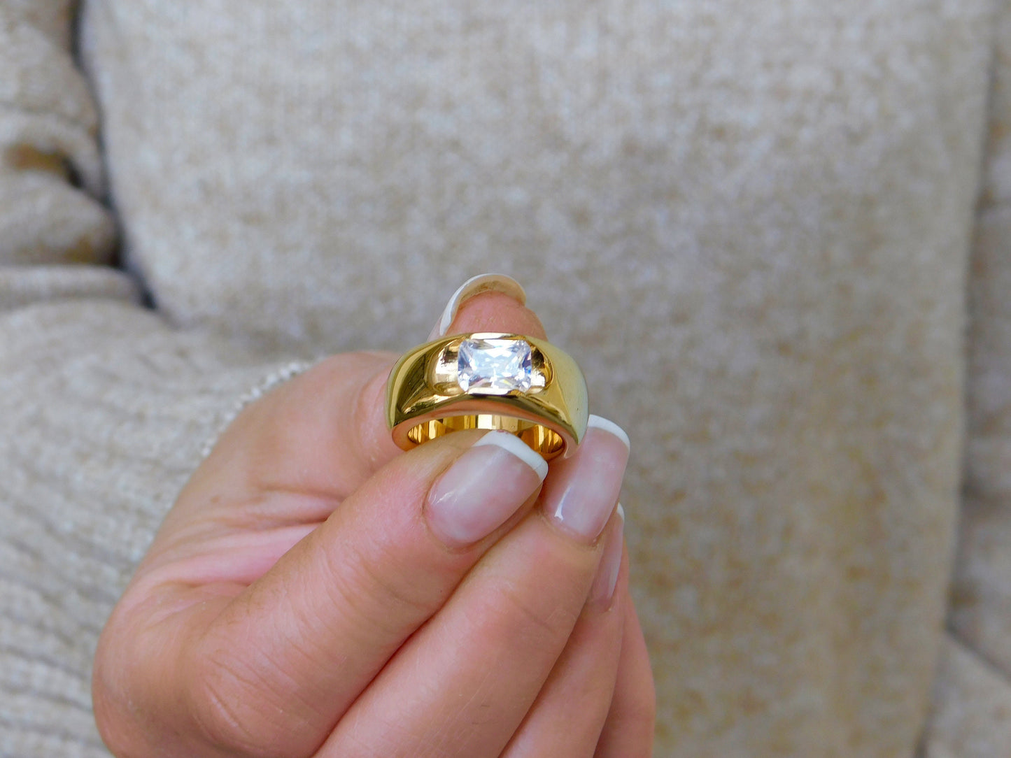 Emerald Cut CZ Gold Ring, Chunky Dome Statement Ring