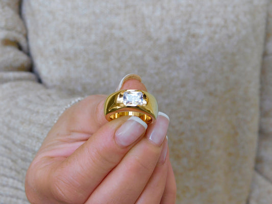 Emerald Cut CZ Gold Ring, Chunky Dome Statement Ring