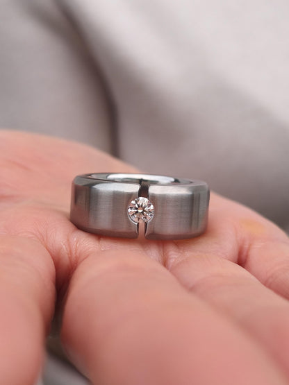 Chunky Wedding Band: Tension Set Moissanite Ring, Stainless Steel