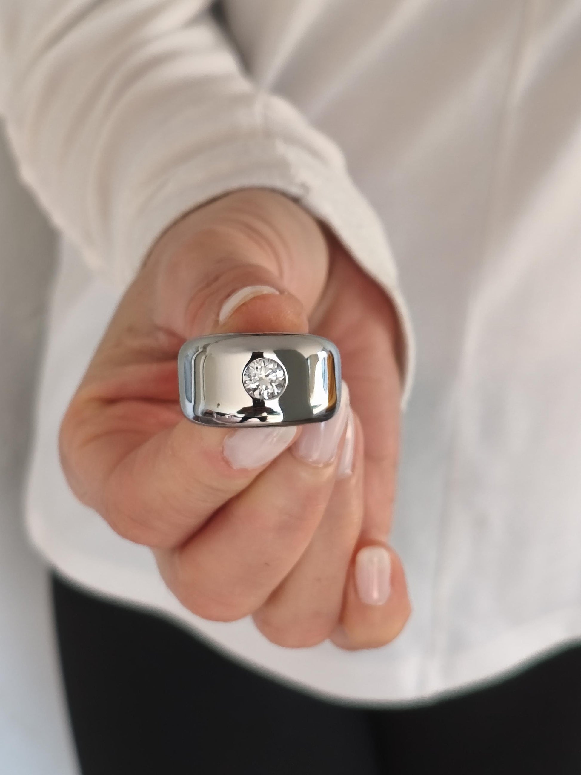 Wide Stainless Steel Moissanite Ring: Dome Statement Band