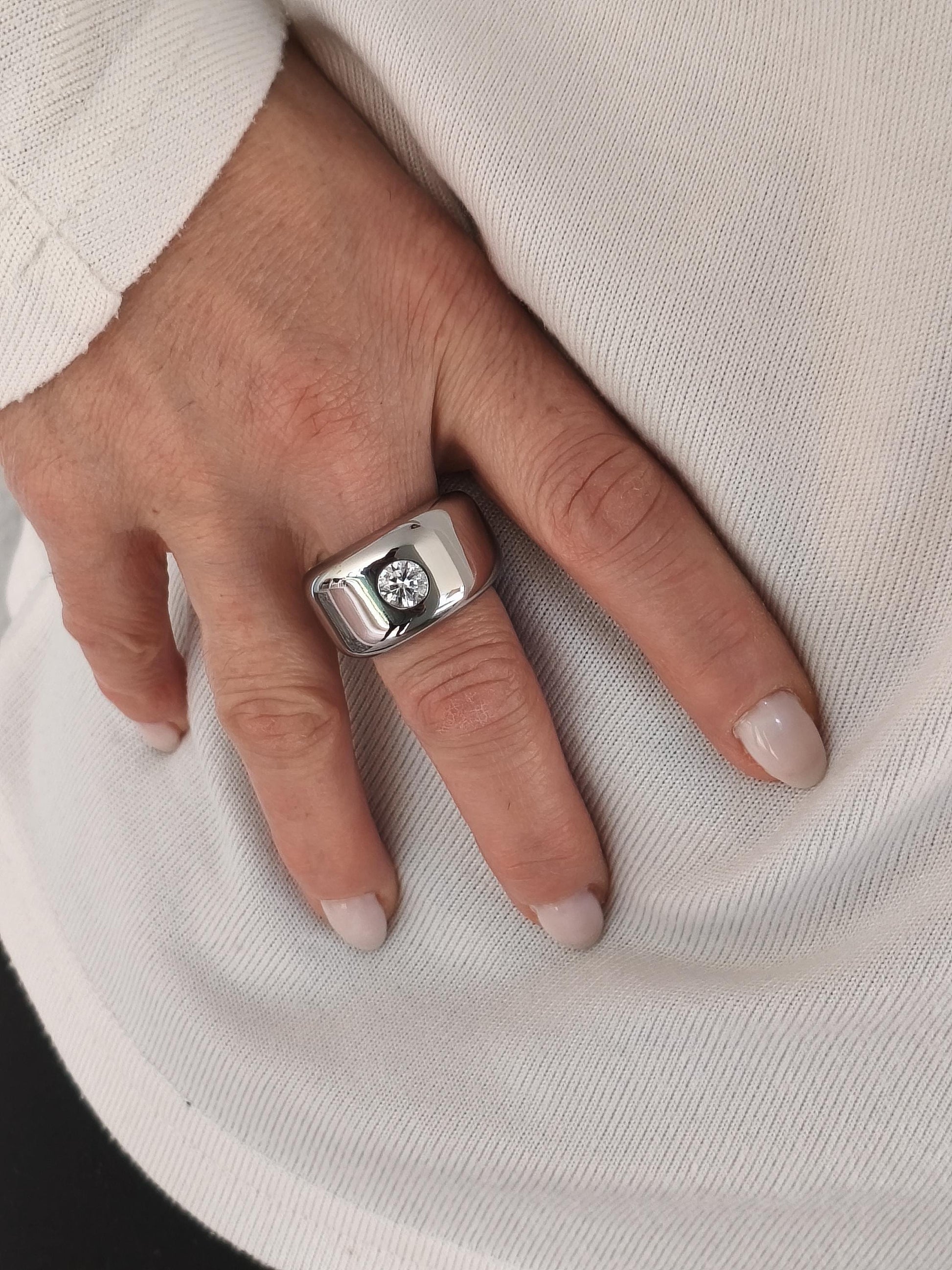 Wide Stainless Steel Moissanite Ring: Dome Statement Band